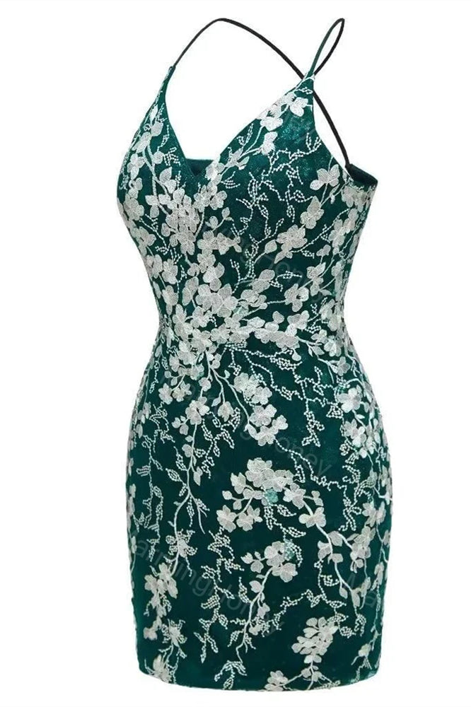 
                      
                        Straps Green Floral Appliques Bodycon Short Dress
                      
                    