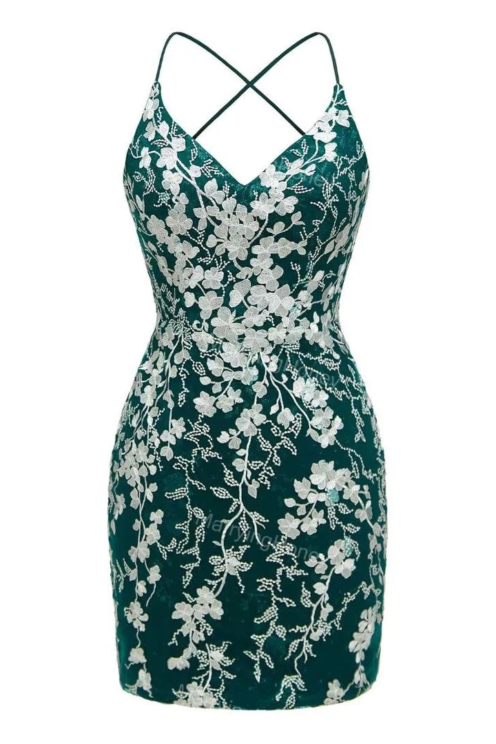 Straps Green Floral Appliques Bodycon Short Dress