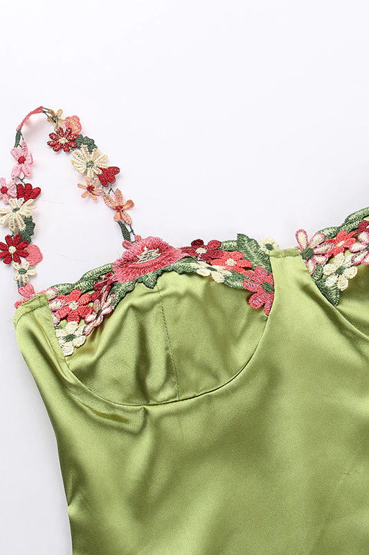 Straps Green Floral Appliques Satin Maxi Dress PollyBoutique Straps Green Floral Appliques Satin Maxi Dress PollyBoutique