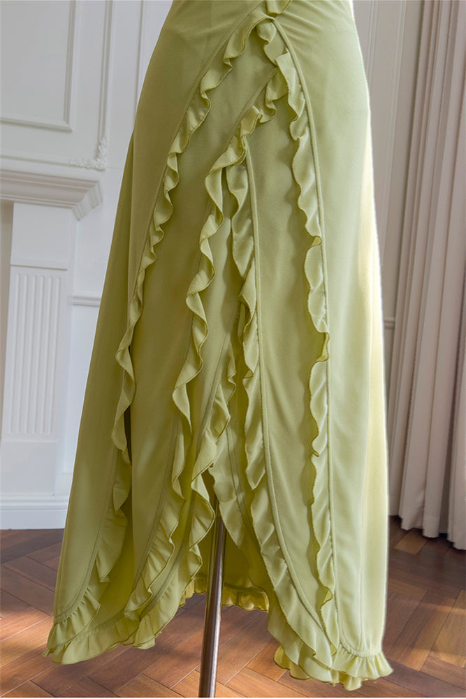 
                      
                        Straps Green Irregular Ruffles Long Dress
                      
                    