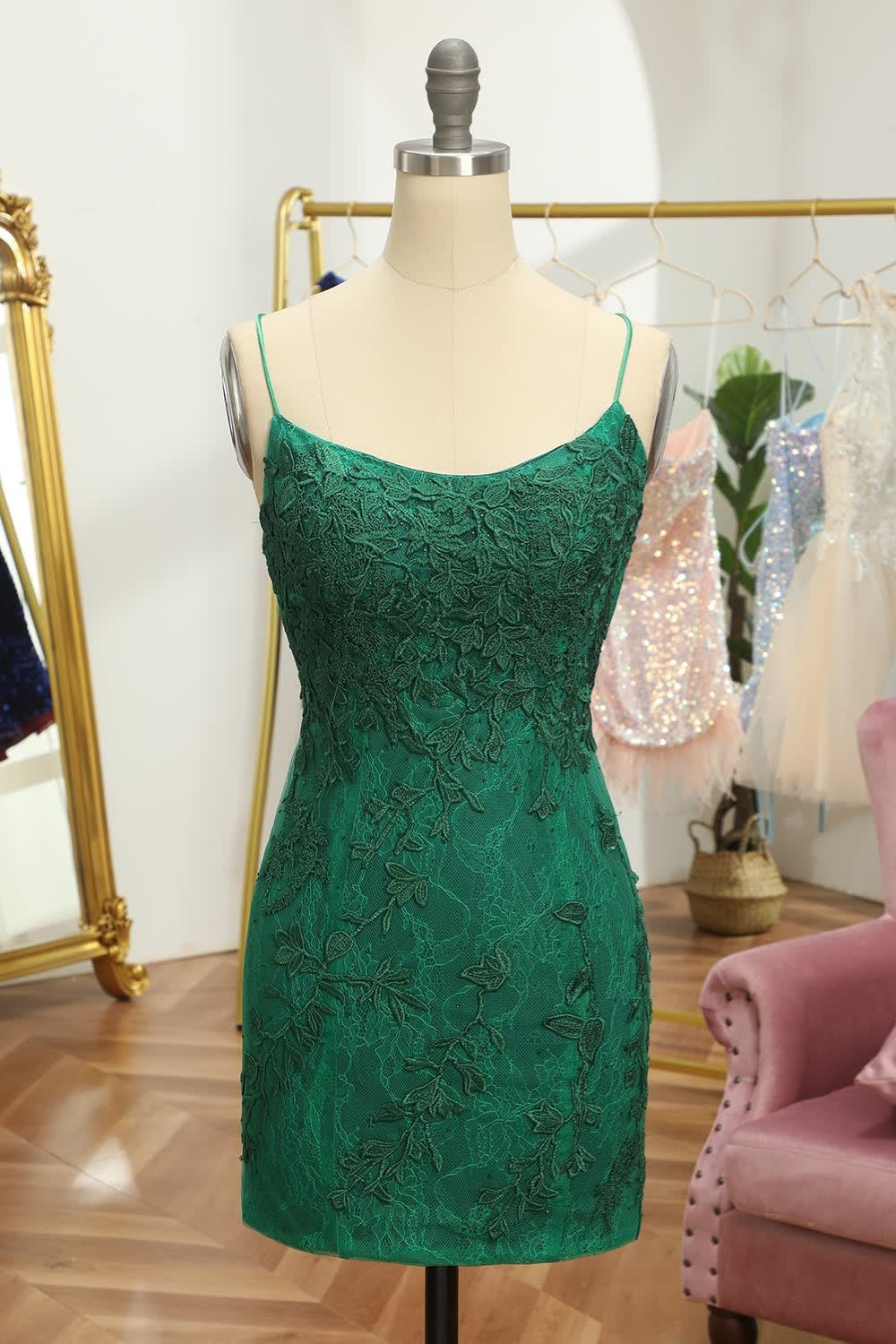 Straps Green Lace Appliques Tight Short Dress