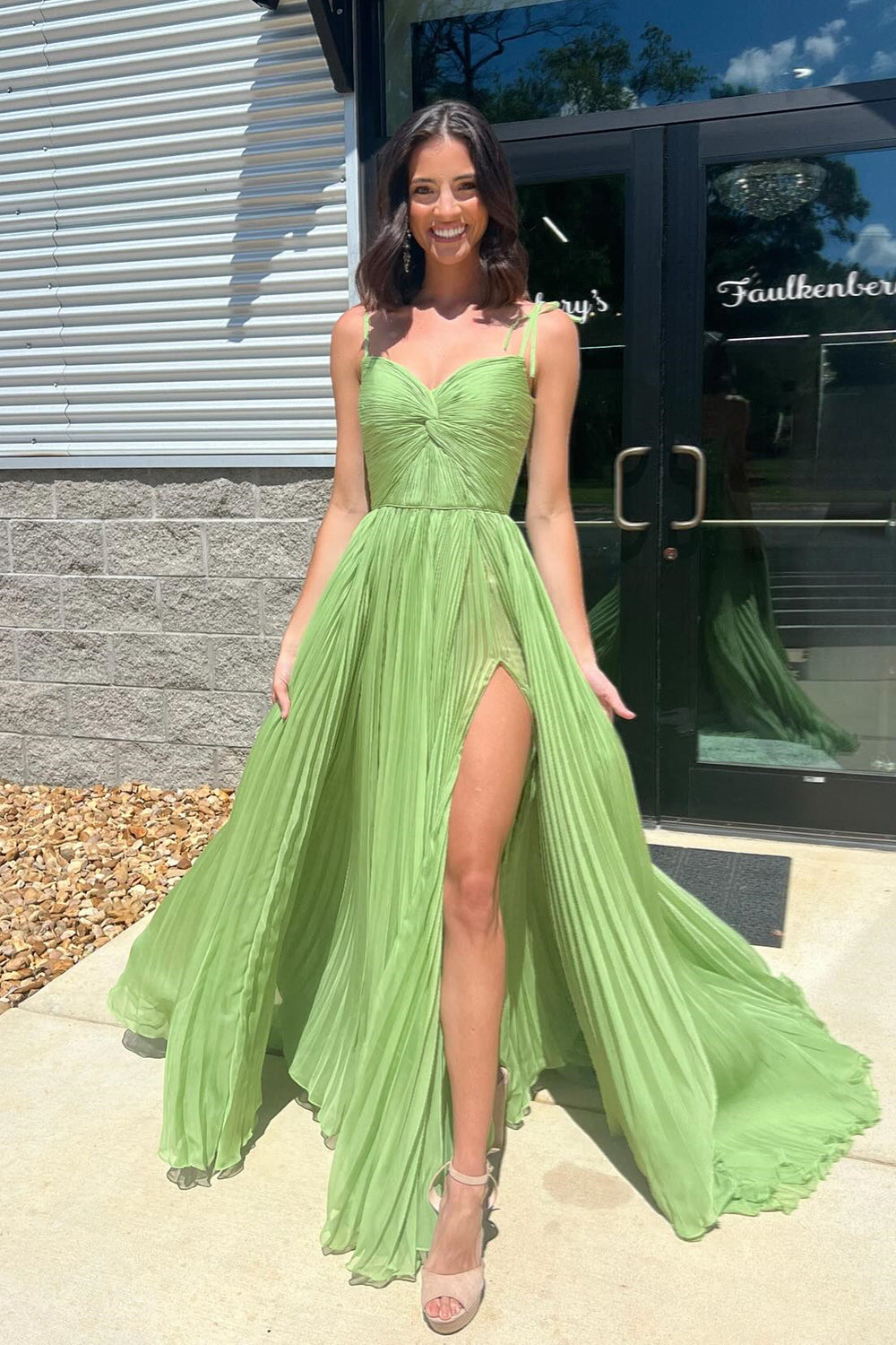 Straps Green Pleated A-line Long Dress with Slit