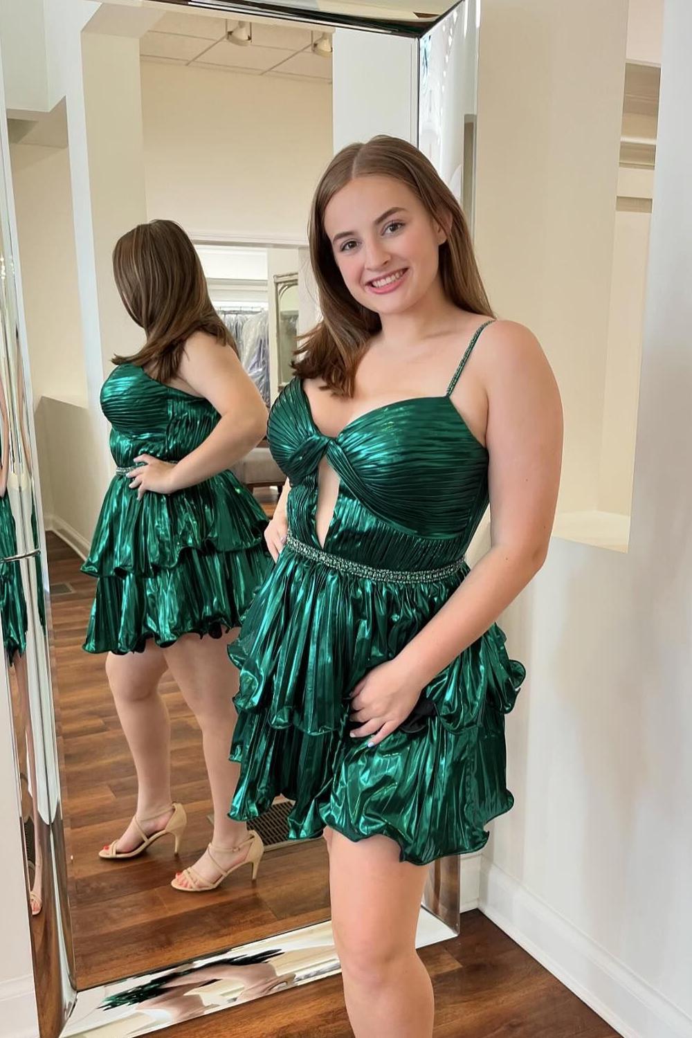 Straps Green Ruffle Tiered Pleated Short Dress