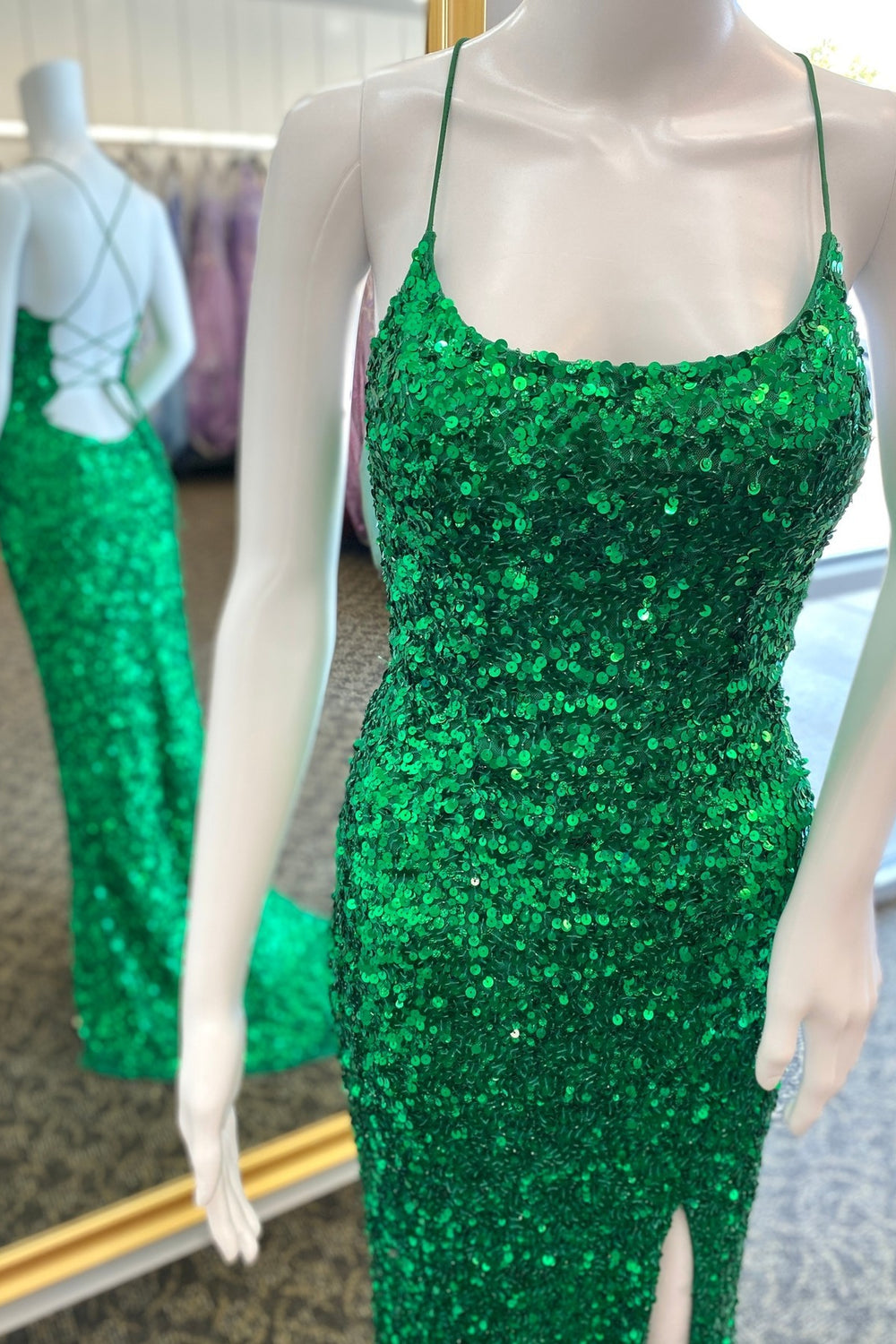 Straps Green Sequin Mermaid Long Formal Dress