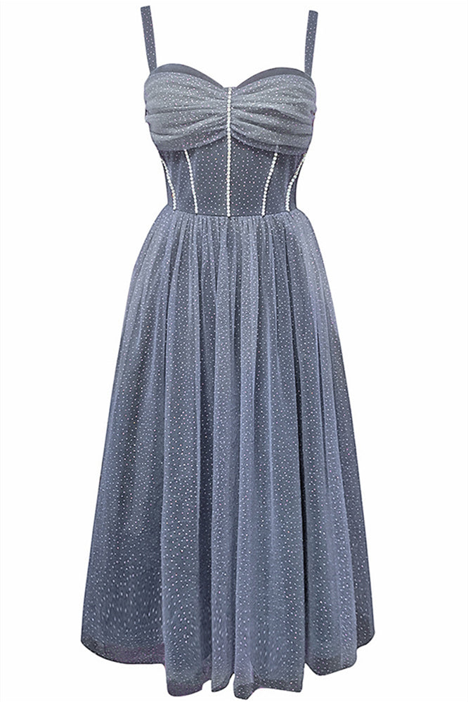 Straps Grey Sparkle Tulle Midi Dress with Beaded