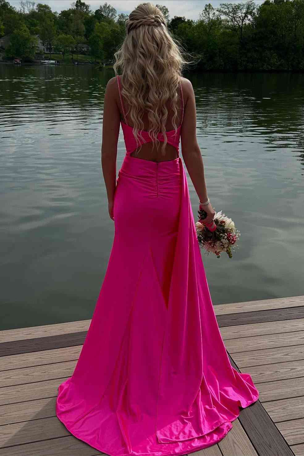 pink slinky prom dress Ayeshya Asymmetric Maxi your best CHOICE Hot Pink Prom Dresses