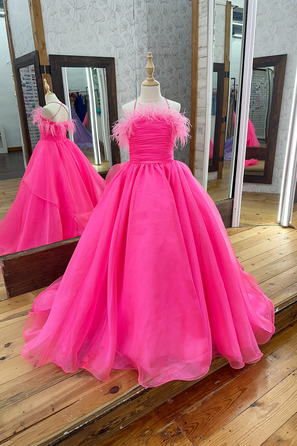 Straps Hot Pink Pleated Girl Pageant Dress with Feather
