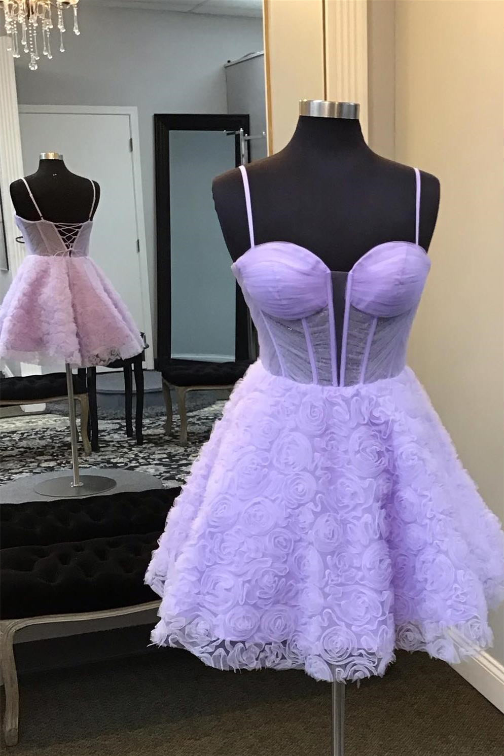 Straps Lavender A-line Short Dress with Rosettes