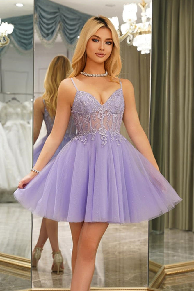 
                      
                        Straps Lavender Appliques A-line Short Dress
                      
                    