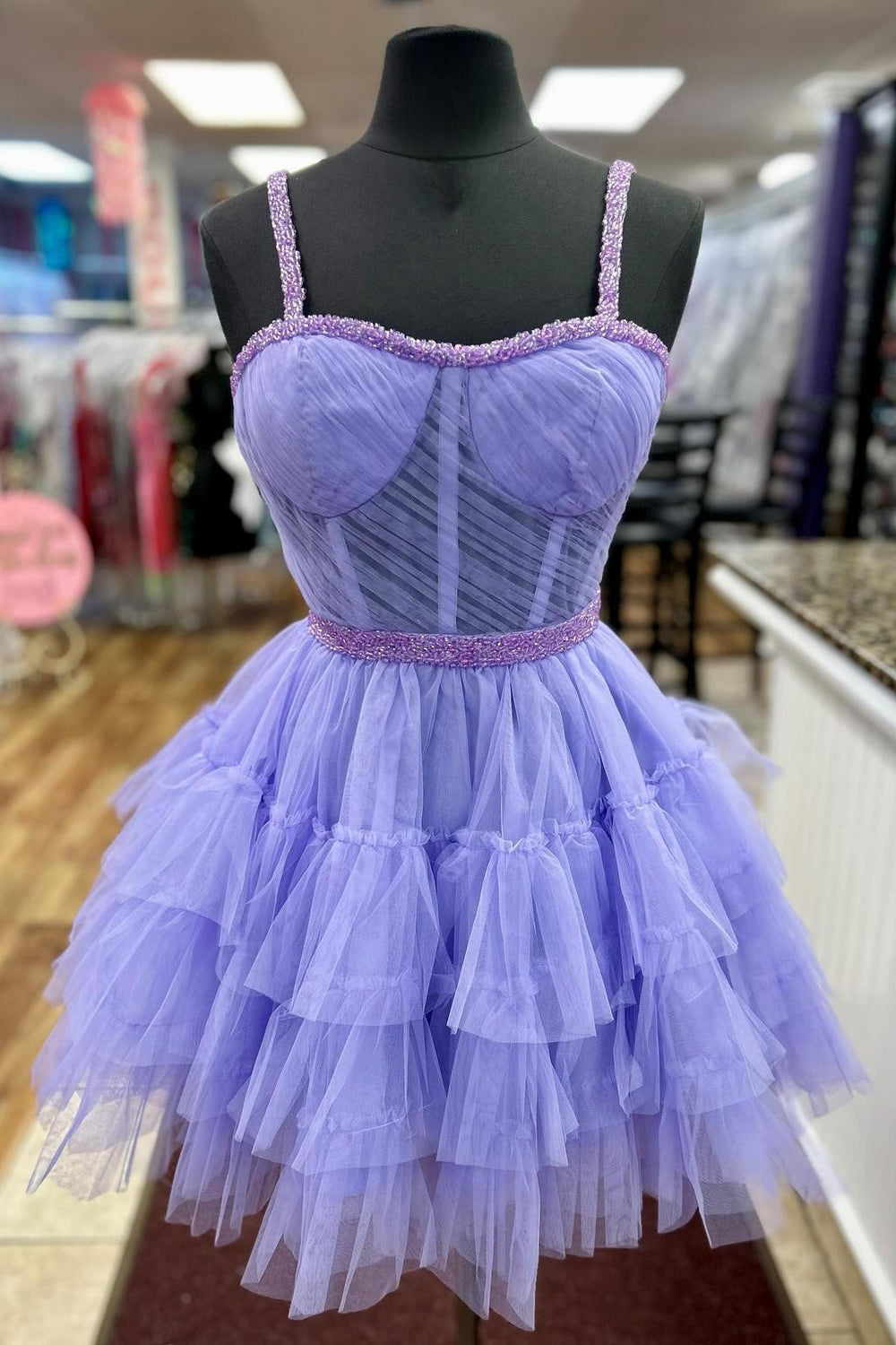 Straps Lavender Beaded Tiered A-line Short Dress