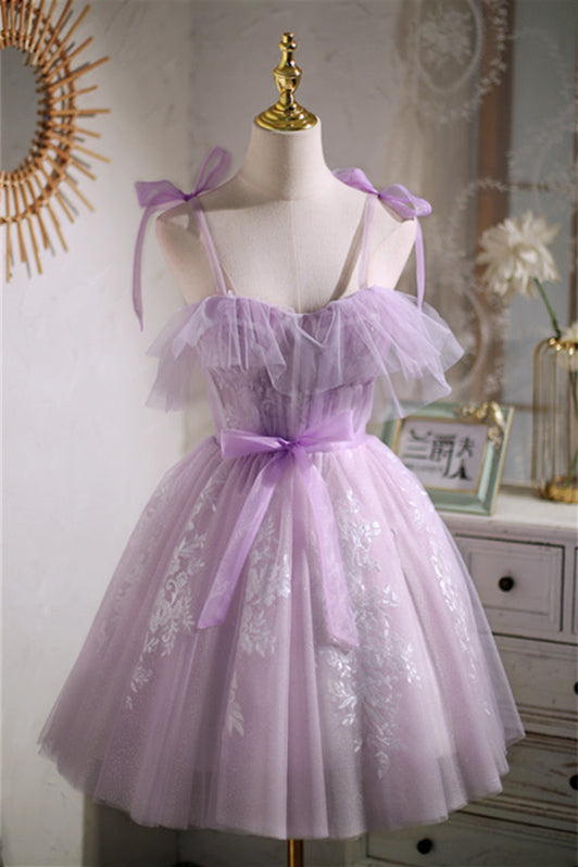 Straps Lavender Bow Tulle A-line Short Dress