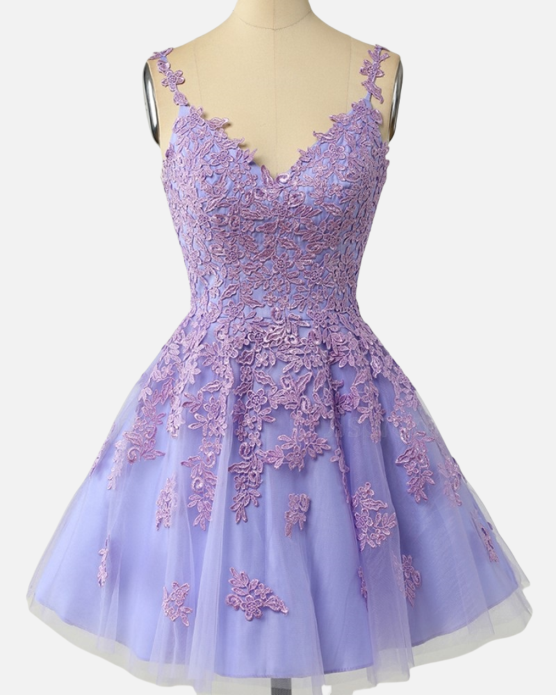 Straps Lavender Flower Appliques Short Dress