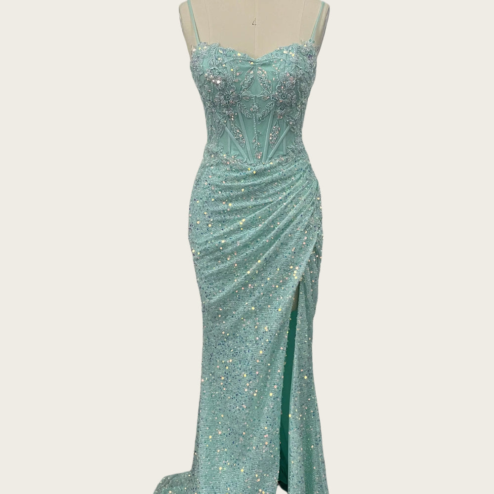 
                      
                        Straps Light Blue Appliques Sequin Long Dress
                      
                    