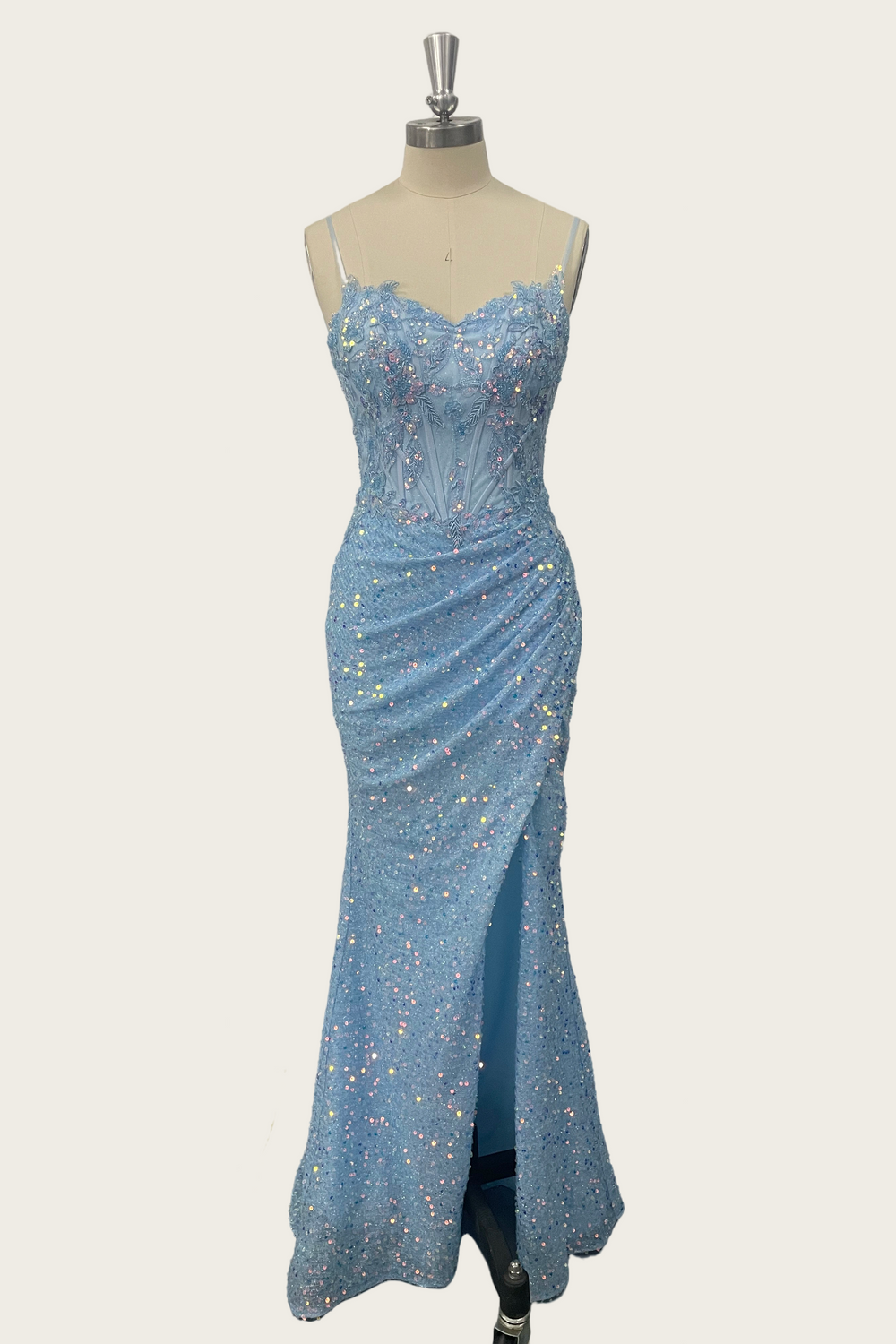 Straps Light Blue Appliques Sequin Long Dress