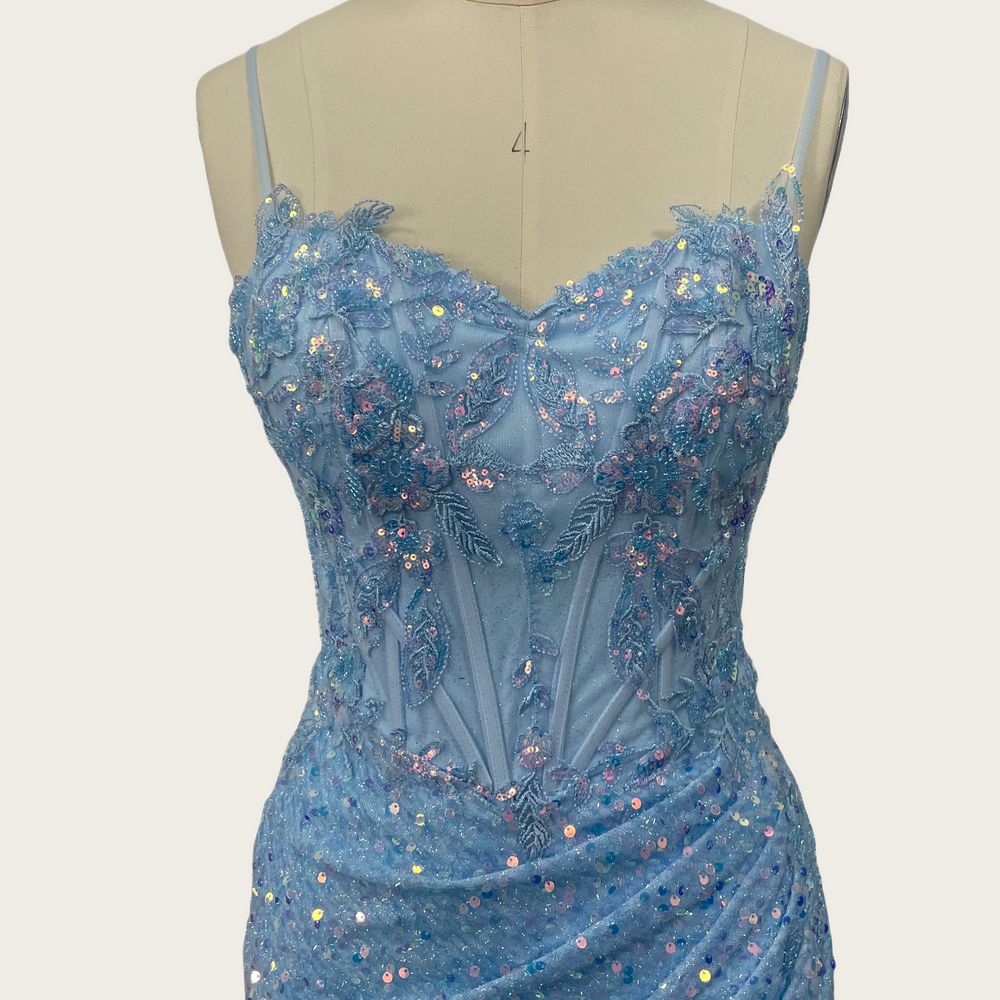 Straps Light Blue Appliques Sequin Long Dress – PollyBoutique