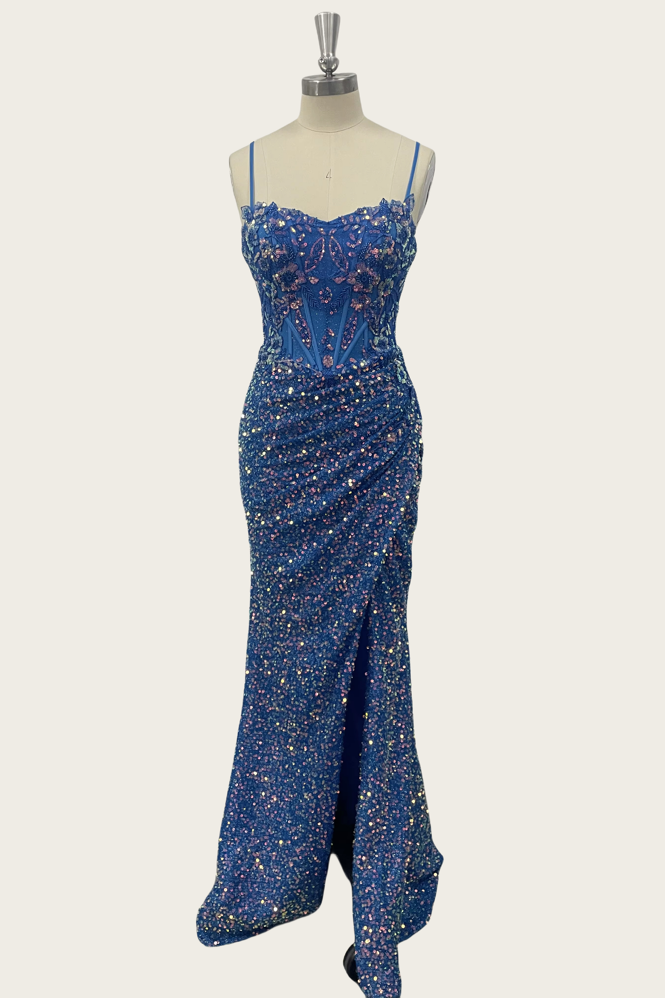Beautiful Long Blue Simple Straps Appliques Sleeveless Evening Dresses With Slit