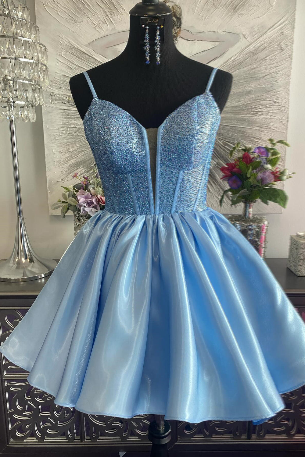 Straps Light Blue Beaded A-line Short Dress