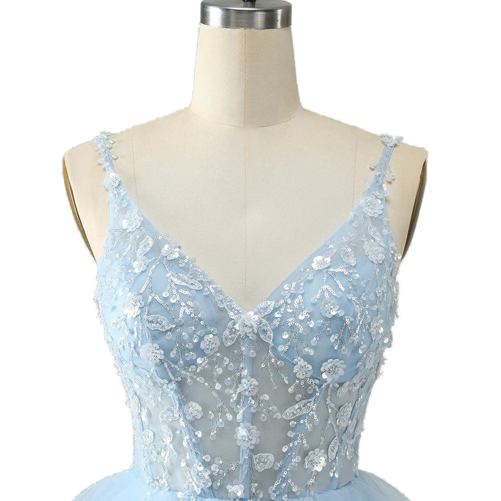 
                      
                        Straps Light Blue Beaded Tiered Short Dress
                      
                    