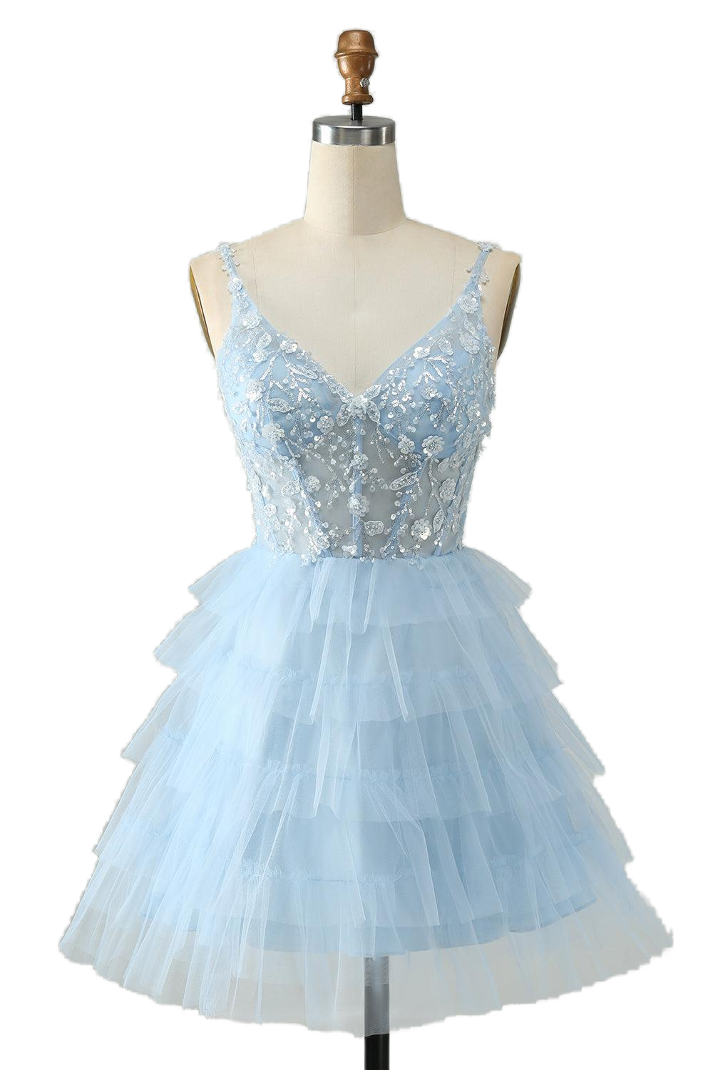 Straps Light Blue Beaded Tiered Short Dress