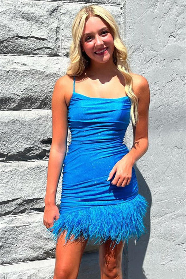 
                      
                        Straps Light Blue Feather Sheath Short Dress
                      
                    