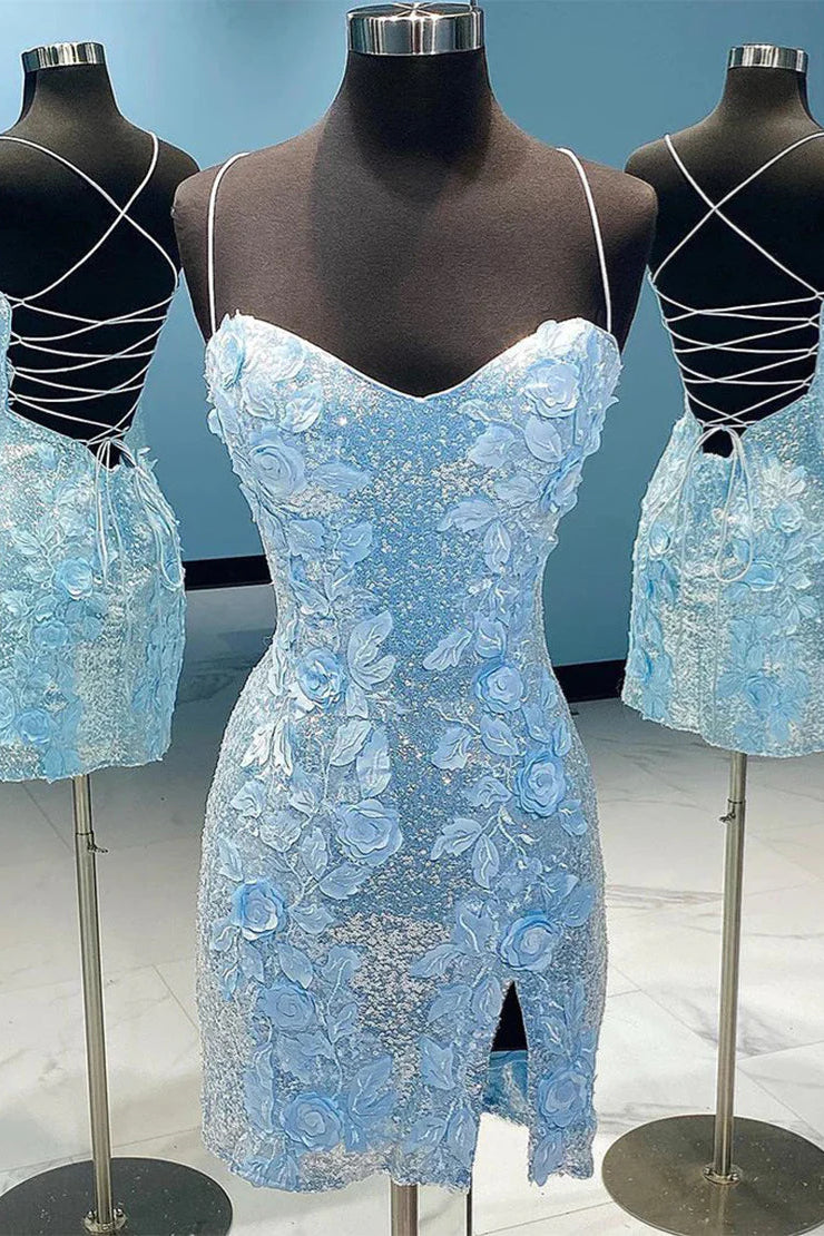 Straps Light Blue Floral Sequin Bodycon Short Dress