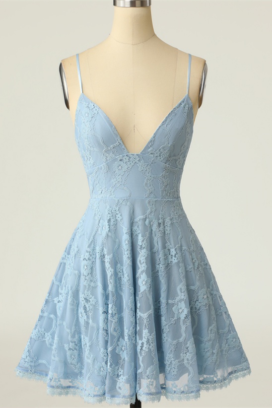 Straps Light Blue Lace A-line Homecoming Dress