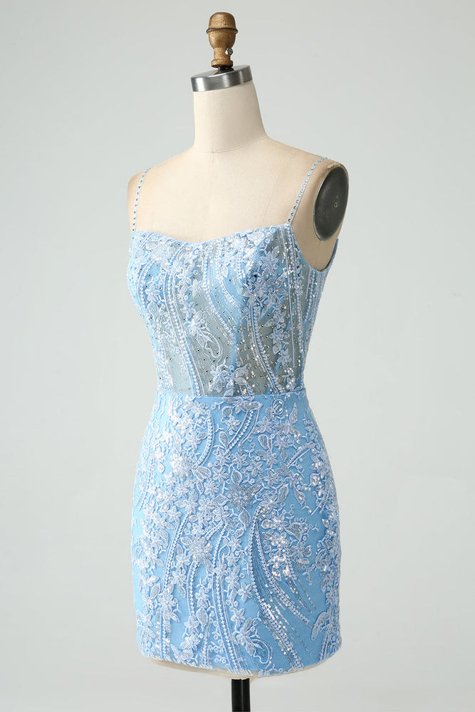 
                      
                        Straps Light Blue Lace Bodycon Short Dress
                      
                    