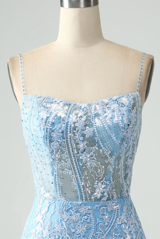 
                      
                        Straps Light Blue Lace Bodycon Short Dress
                      
                    