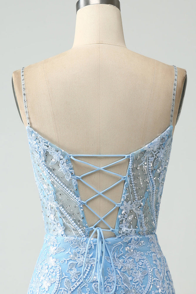 
                      
                        Straps Light Blue Lace Bodycon Short Dress
                      
                    