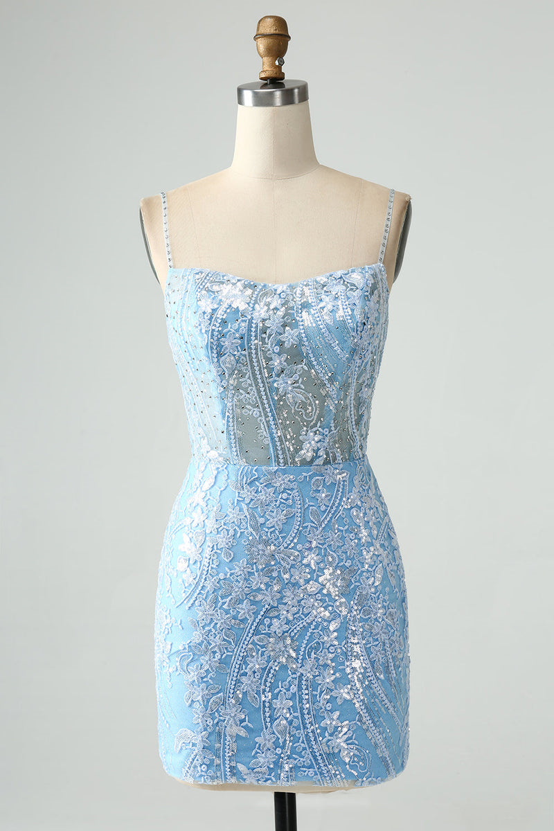 Straps Light Blue Lace Bodycon Short Dress