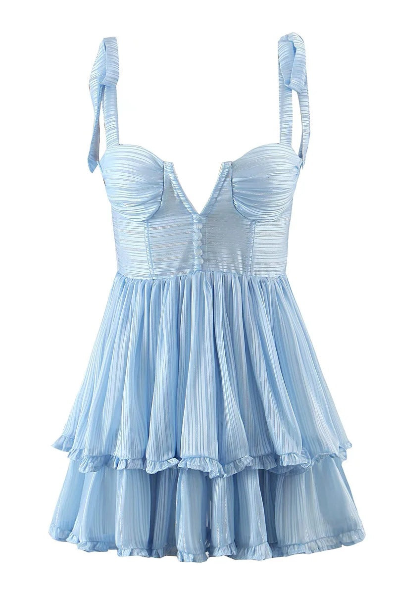 Straps Light Blue Ruffle Tiered A-line Short Dress