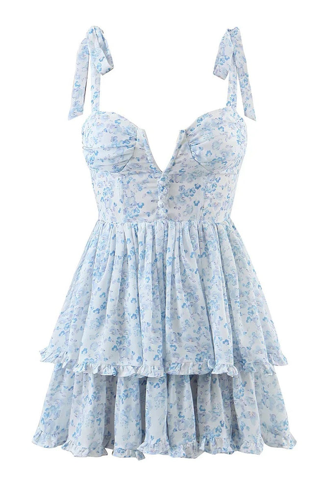 
                      
                        Straps Light Blue Ruffle Tiered A-line Short Dress
                      
                    