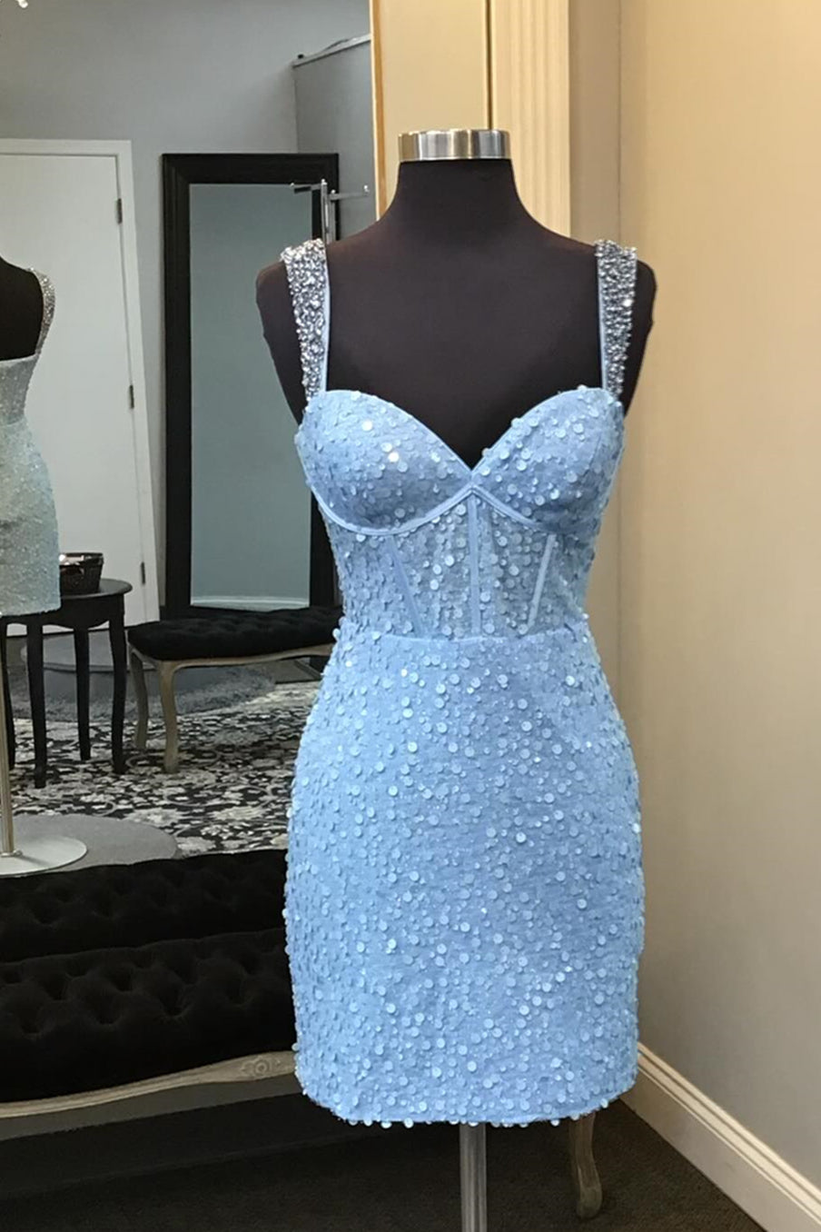 Straps Light Blue Sequin Bodycon Short Dress