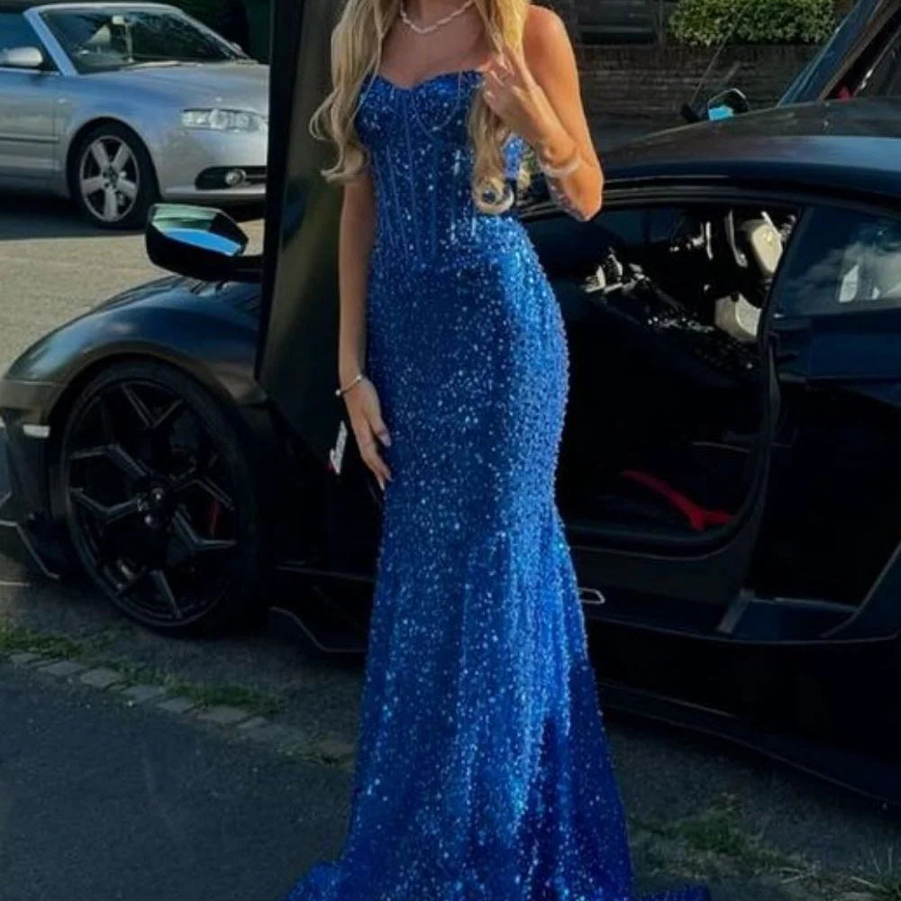 
                      
                        Straps Light Blue Sequin Long Dress with Beaded
                      
                    