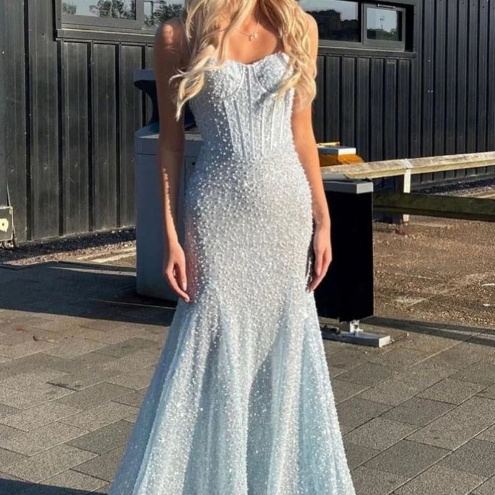 Straps Light Blue Sequin Long Dress with Beaded – PollyBoutique