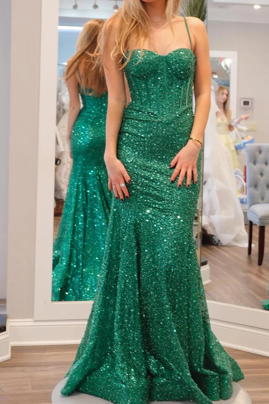 Straps Light Blue Sequin Long Dress with Beaded – PollyBoutique
