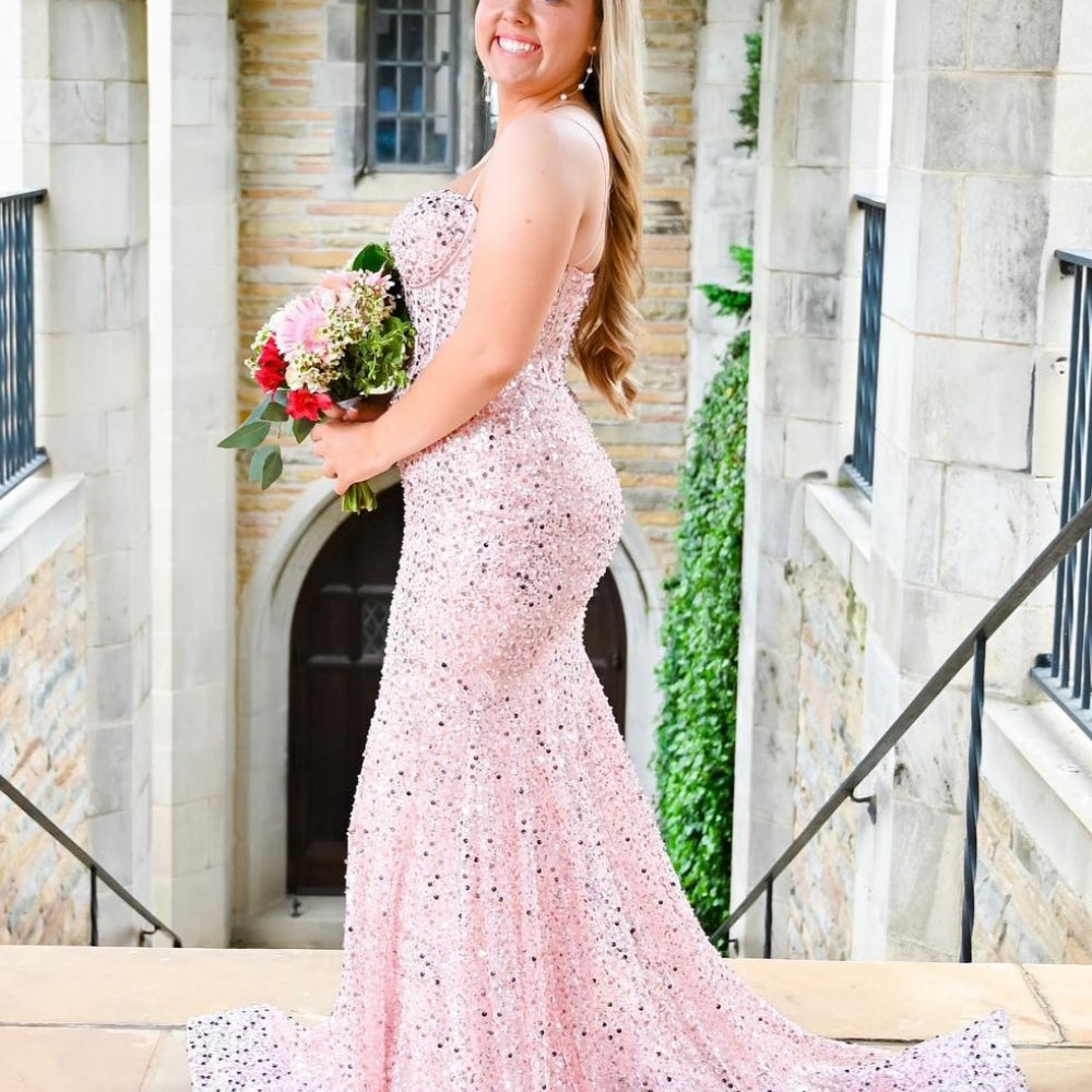 
                      
                        Straps Light Blue Sequin Long Dress with Beaded
                      
                    