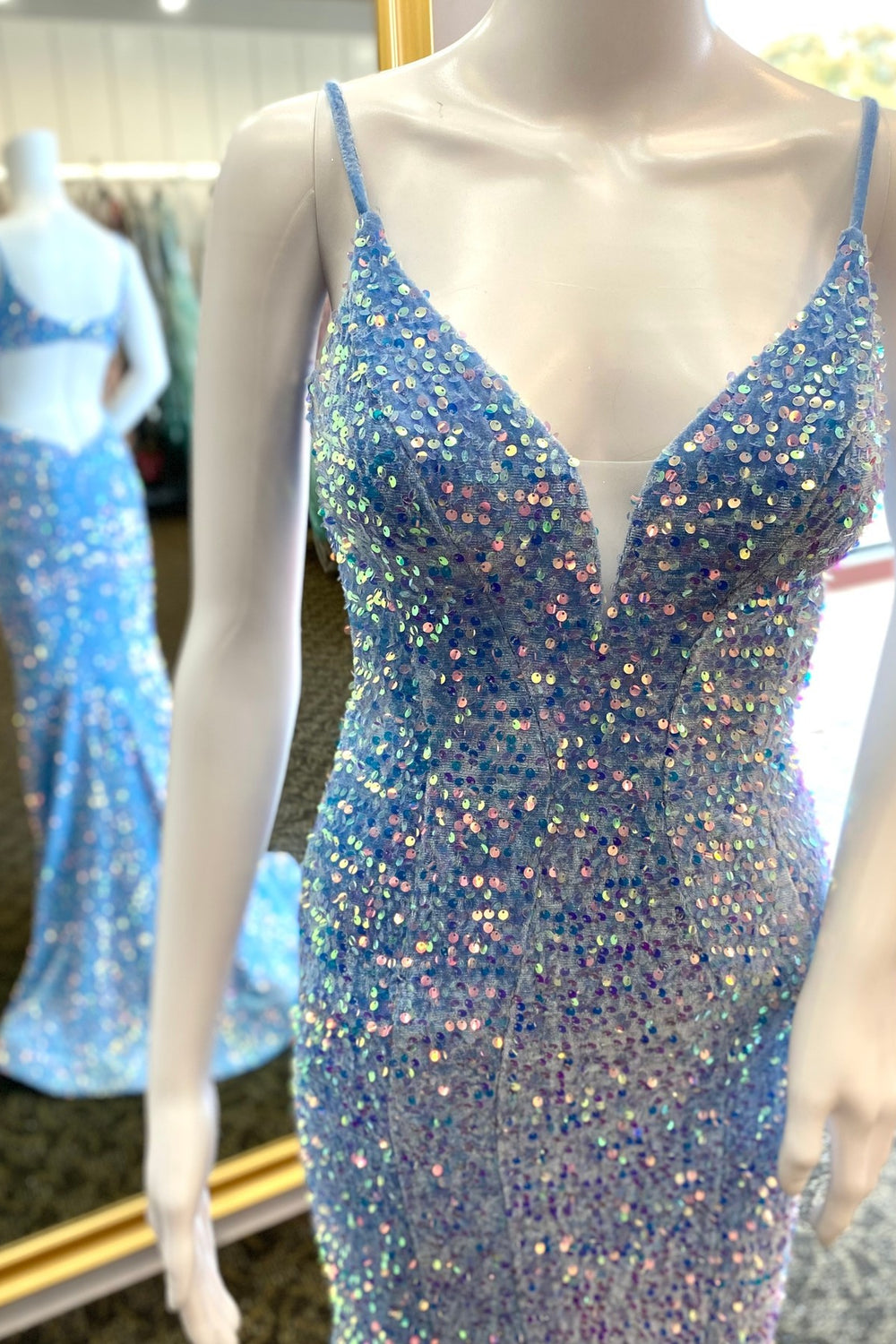 Straps Light Blue Sequin Mermaid Long Formal Dress