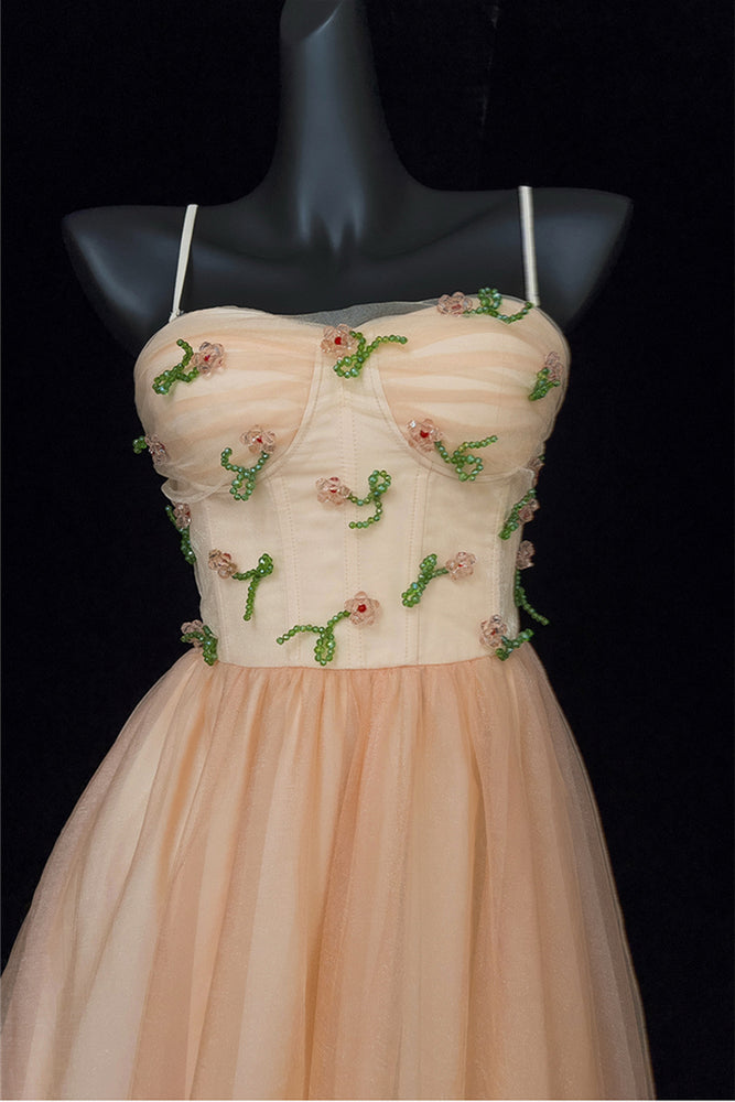 
                      
                        Straps Light Orange Floral Beaded Tulle Long Dress
                      
                    