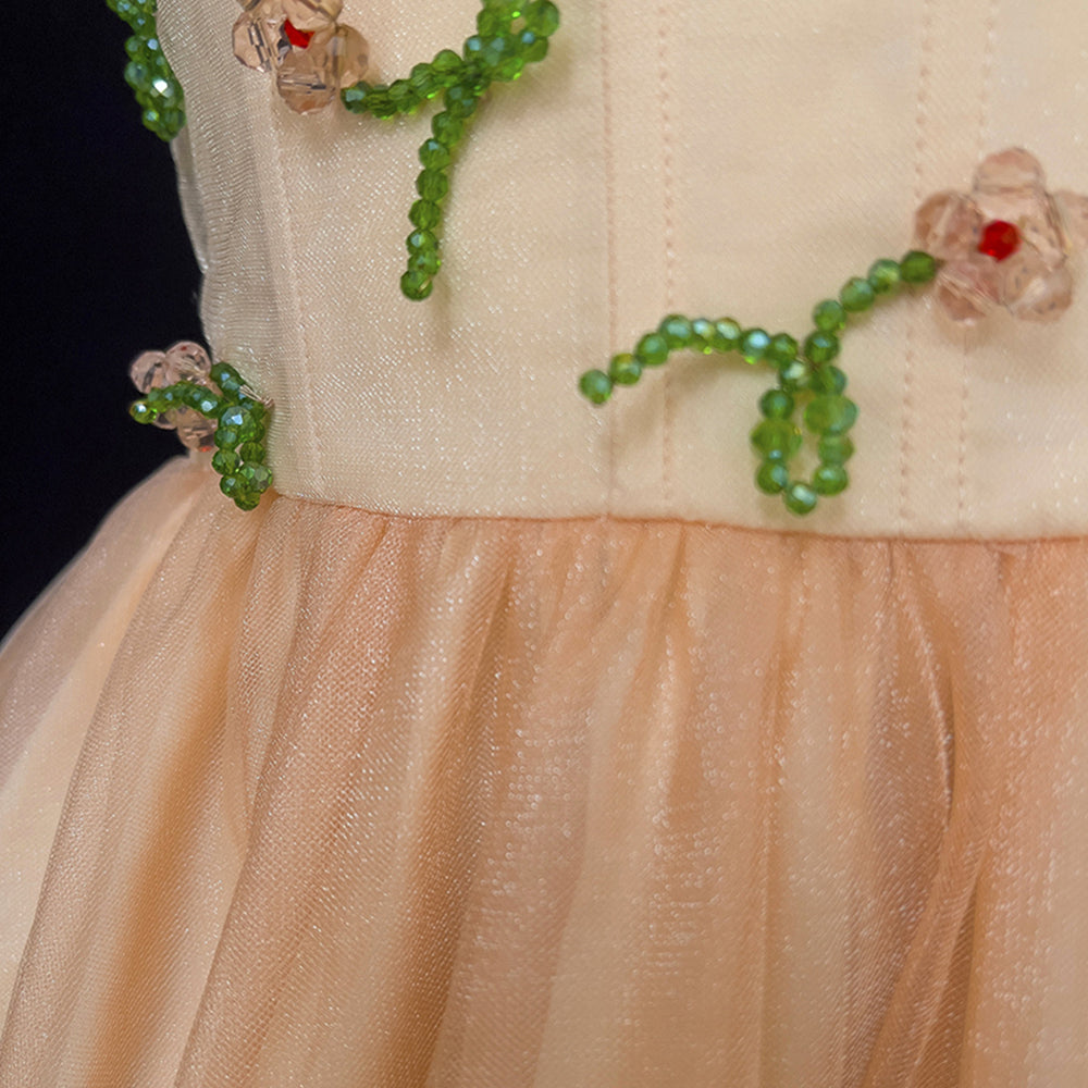 
                      
                        Straps Light Orange Floral Beaded Tulle Long Dress
                      
                    