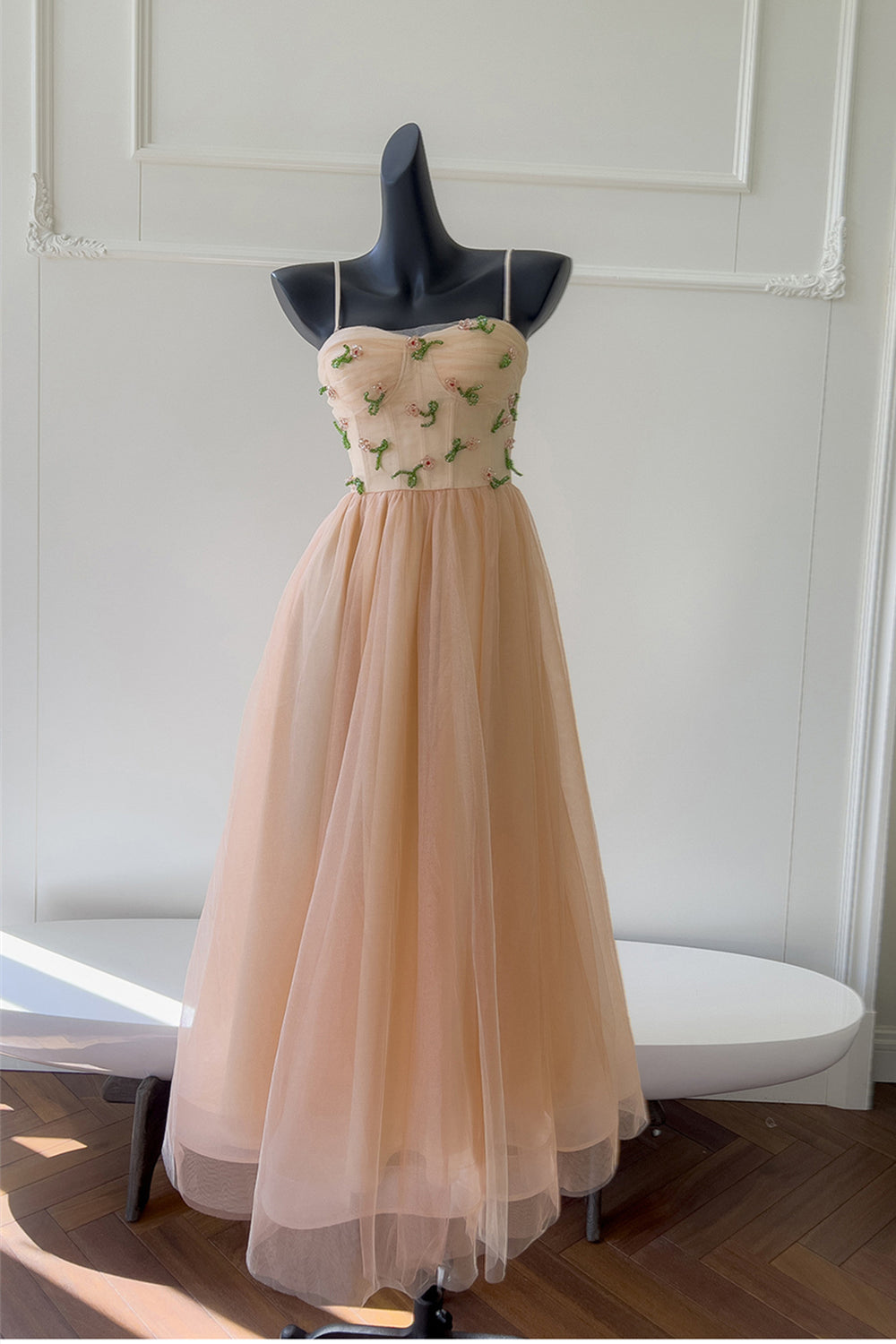Straps Light Orange Floral Beaded Tulle Long Dress
