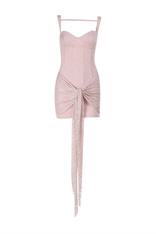Straps Light Pink Bodycon Lace Short Dress