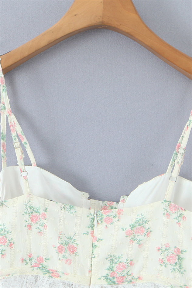 
                      
                        Straps Light Yellow Floral Print Short Dress with Lace
                      
                    