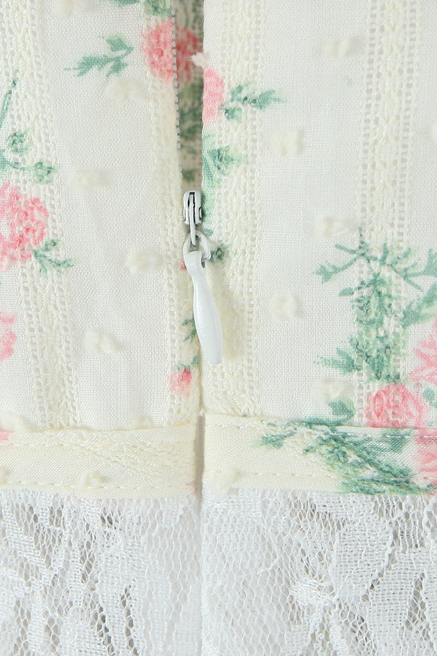 
                      
                        Straps Light Yellow Floral Print Short Dress with Lace
                      
                    