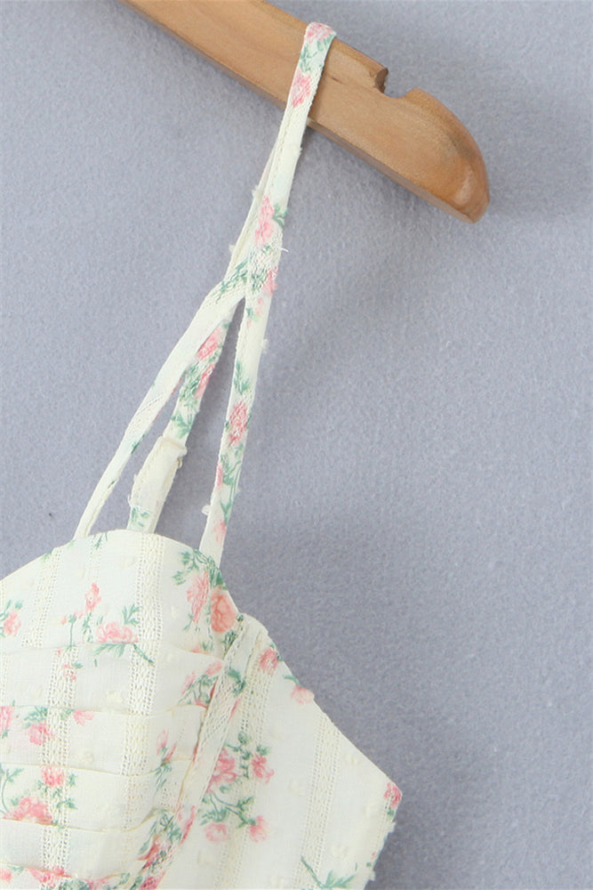 
                      
                        Straps Light Yellow Floral Print Short Dress with Lace
                      
                    