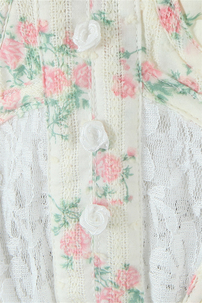 
                      
                        Straps Light Yellow Floral Print Short Dress with Lace
                      
                    