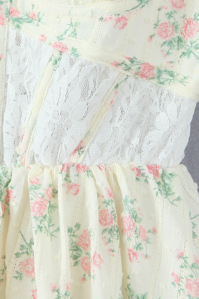 
                      
                        Straps Light Yellow Floral Print Short Dress with Lace
                      
                    