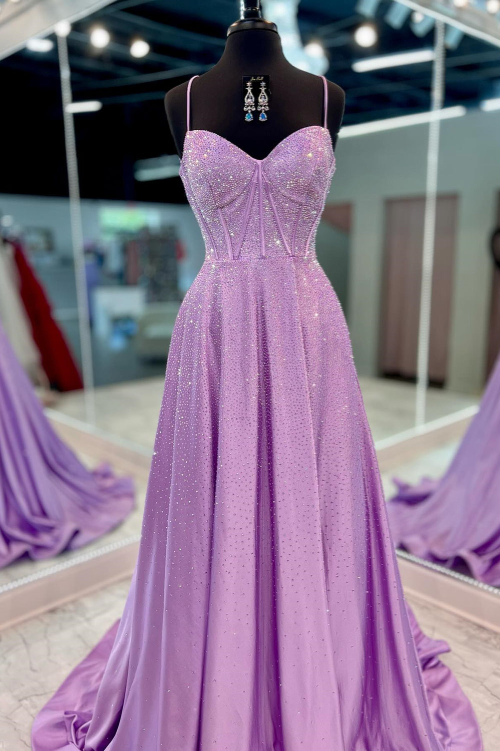 Straps Lilac Beaded A-line Long Dress with Slit