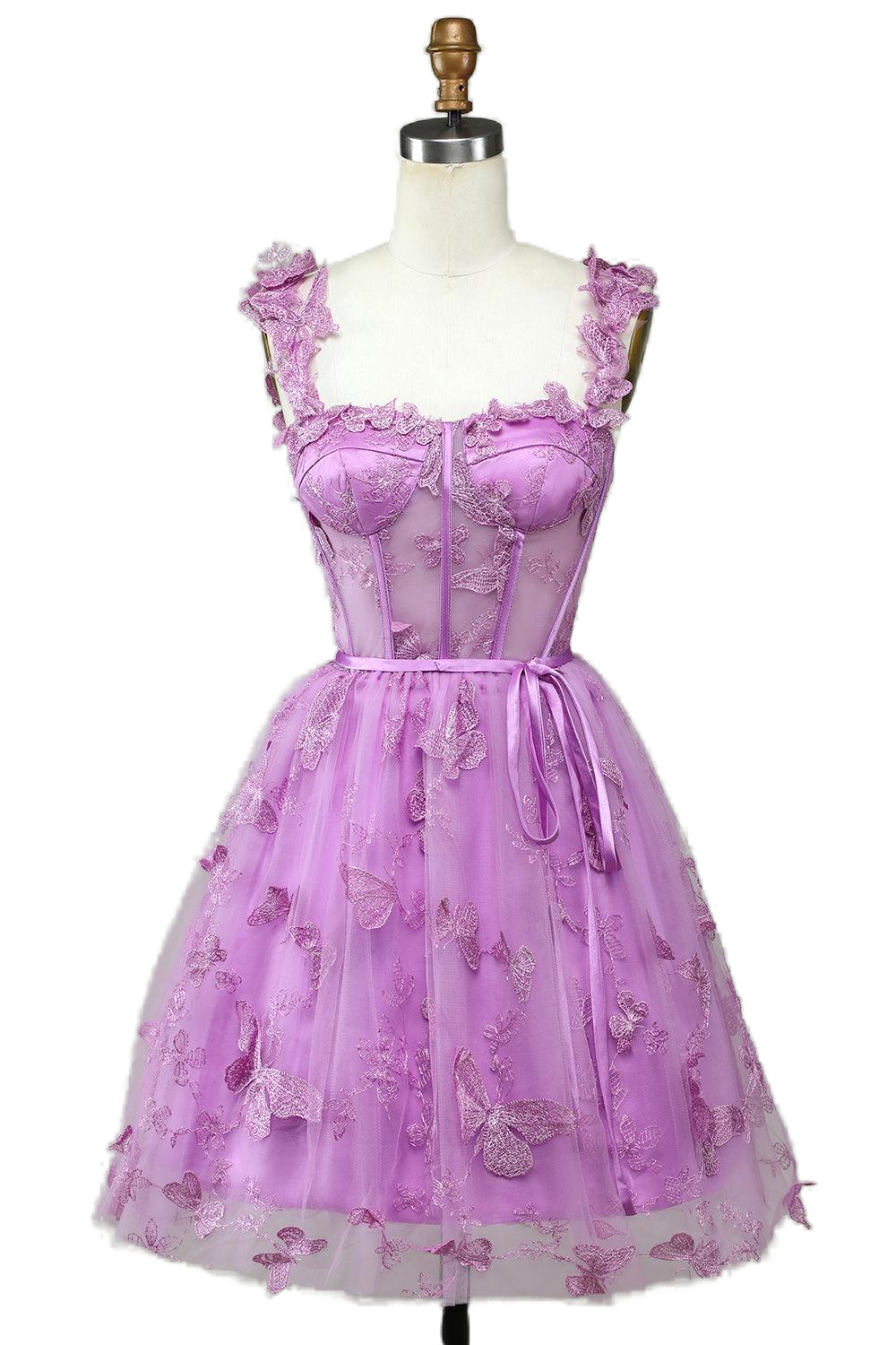 Straps Lilac Butterfly Appliques Short Princess Dress