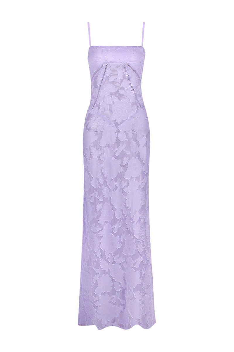 Straps Lilac Lace-up Back Long Lace Dress